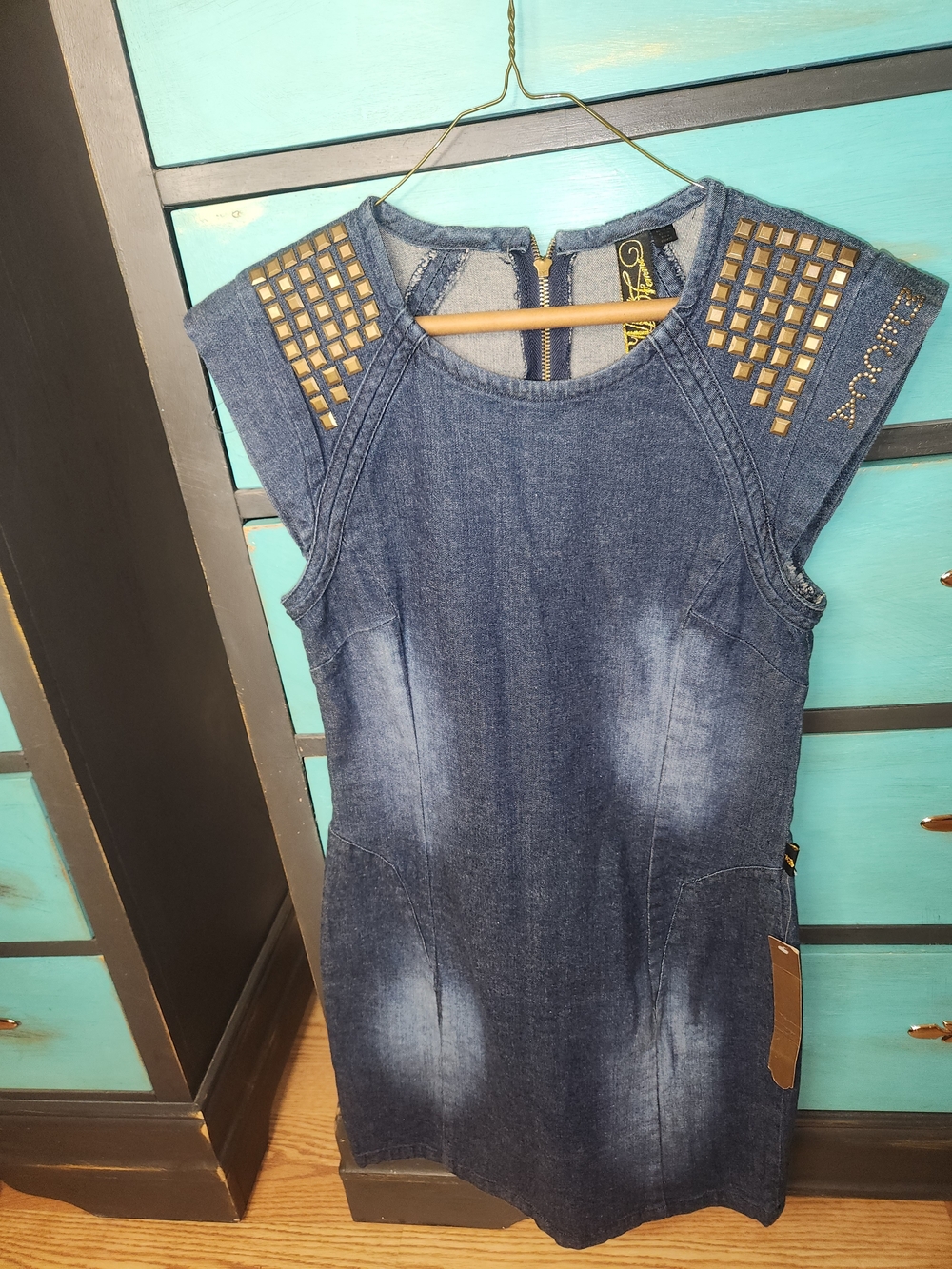 Denim Shift Dress with Gold Stud Shoulder Detail - Blue